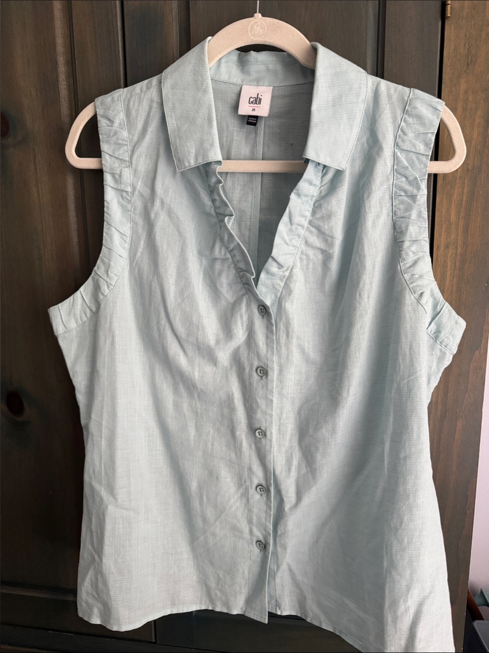 CAbi Light Blue Sleeveless Button-Up Ruffle Trim Top